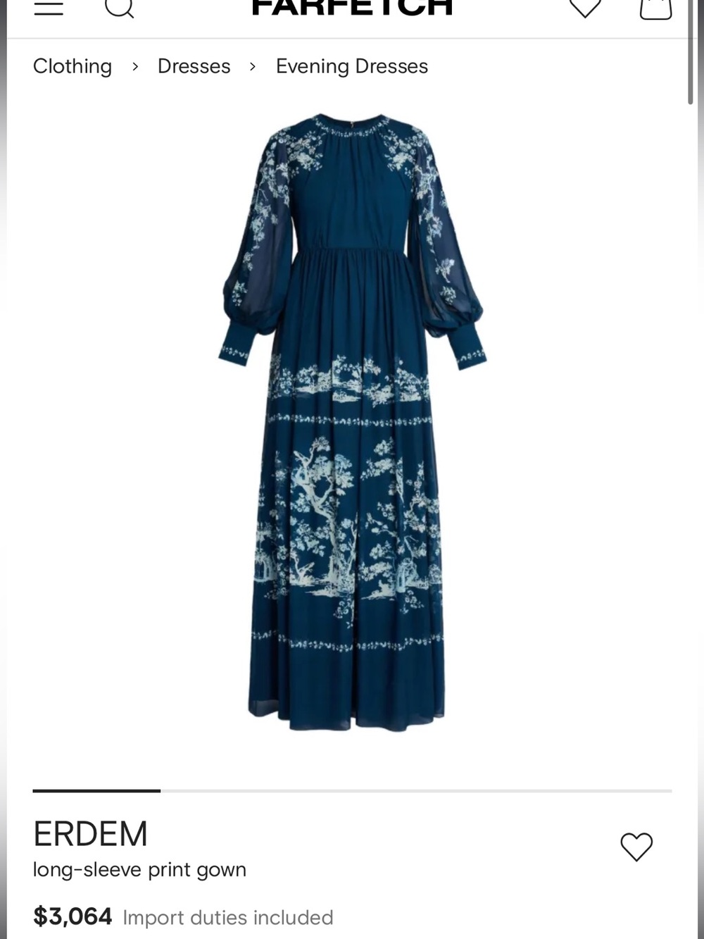 ERDEM Navy and Light Blue Long-Sleeve Scenic Print Gown